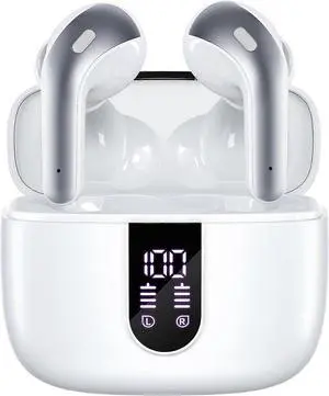BX08 True Wireless Earbuds, 60H Playback, LED Power Display, Wireless Charging Case, IPX5 Waterproof, White BX08 True Wireless Earbuds, 60H Playback, LED Power Display, Wireless Charging Case, IPX5 Waterproof, White