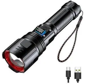 Ecocleanpath 200,000 Lumens Rechargeable Tactical Flashlight with Digital Display & Power Bank, Zoomable, 4 Modes (Black) Ecocleanpath 200,000 Lumens Rechargeable Tactical Flashlight with Digital Display & Power Bank, Zoomable, 4 Modes (Black)