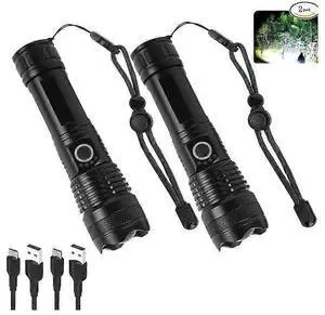Ecocleanpath 2-Pack Rechargeable LED Flashlight, 250000 Lumens Super Bright, 5 Modes & IPX6 Waterproof for Outdoor