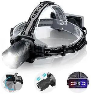 Ecocleanpath 600000 Lumens Rechargeable LED Headlamp with Digital Display, Zoom & 4 Modes, Waterproof for Camping, Hiking (Black) Ecocleanpath 600000 Lumens Rechargeable LED Headlamp with Digital Display, Zoom & 4 Modes, Waterproof for Camping, Hiking (Black)