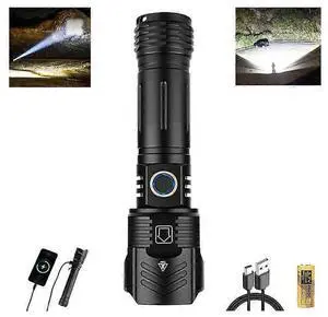 Ecocleanpath 100,000 Lumens Rechargeable LED Flashlight, 5 Modes Zoomable IPX5 Waterproof Tactical Spotlight (Black) Ecocleanpath 100,000 Lumens Rechargeable LED Flashlight, 5 Modes Zoomable IPX5 Waterproof Tactical Spotlight (Black)