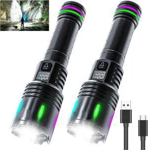 Ecocleanpath 2 Pack 2000LM Rechargeable Flashlights, Super Bright Zoomable LED with 3 Modes & Power Display (Black)