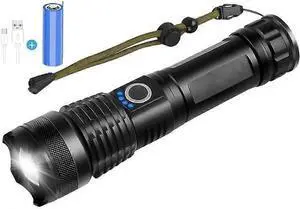 Ecocleanpath 90000 Lumens Rechargeable LED Tactical Flashlight, IPX65 Waterproof Zoomable Torch with 5 Modes (Black) Ecocleanpath 90000 Lumens Rechargeable LED Tactical Flashlight, IPX65 Waterproof Zoomable Torch with 5 Modes (Black)
