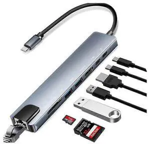 Ecocleanpath 8-in-1 USB C Hub with 100W PD, 4K HDMI, Ethernet, SD/TF Reader - Grey for MacBook & Type-C Devices