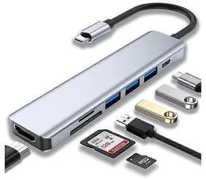 Ecocleanpath 7-in-1 USB C Hub with 4K HDMI, 100W PD, USB 3.0 & SD/TF Card Reader - Gray