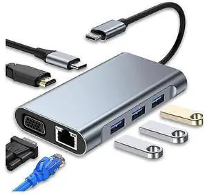 Ecocleanpath 7-in-1 USB C Hub with 4K HDMI, VGA, 100W PD, Ethernet & USB 3.0 - Gray Docking Station