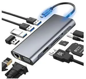Ecocleanpath 11-in-1 USB C Hub Docking Station with 4K HDMI, 100W PD, Ethernet, VGA, SD/TF Reader - Gray
