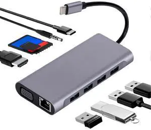 Ecocleanpath 11-in-1 USB C Hub with 4K HDMI, VGA, 87W PD, USB 3.0, Ethernet - Gray Docking Station for Laptop