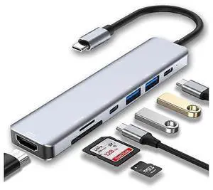 Ecocleanpath 7-in-1 USB C Hub with 4K HDMI, 87W PD Charging, Dual USB-C Ports & Card Reader - Gray