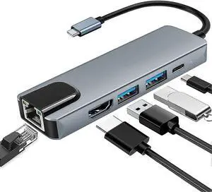 Ecocleanpath 5-in-1 USB C Hub with 4K HDMI, Ethernet, 100W PD, USB 3.0 Ports - Space Aluminum Alloy
