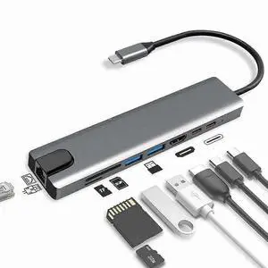 Ecocleanpath 8-in-1 USB-C Hub with HDMI, Gigabit Ethernet, USB 3.0, Card Reader & PD Charging (Gray)