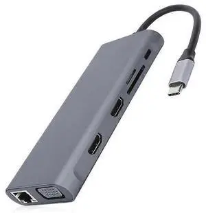 Ecocleanpath 12-in-1 USB-C Hub Multiport Adapter with 4K HDMI, VGA, PD 100W, Gray - Triple Display Docking Station