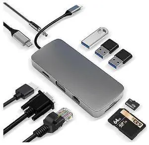 Ecocleanpath 10-in-1 USB C Hub with 4K HDMI, VGA, 100W PD Charging, 3 USB Ports - Compatible with MacBook Pro/Air (Grey)