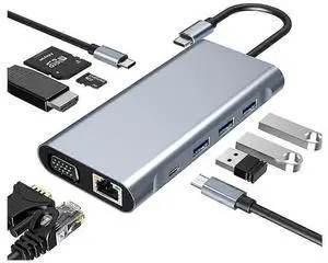 Ecocleanpath 10-in-1 USB C Hub Docking Station with 4K HDMI, VGA, 100W PD, Ethernet, SD/TF Reader - Black