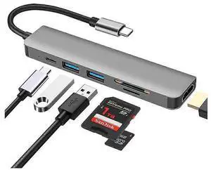 Ecocleanpath 6-in-1 USB C Hub Multiport Adapter with 4K HDMI, 100W PD Charging, SD/TF Card Reader, Gray