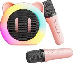 Ecocleanpath Pink Karaoke Speaker with 2 Mics for Kids & Adults, LED Lights & Bluetooth, Fun Birthday Gift