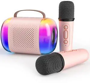 Ecocleanpath Pink Kids Karaoke Machine with 2 Wireless Mics, LED Lights & Bluetooth 5.3 - Portable Home Party Toy for Girls