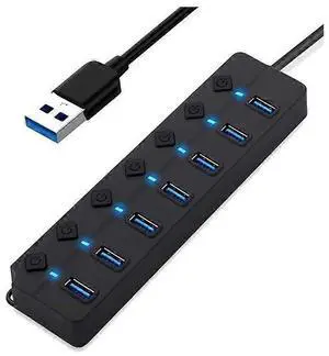 Ecocleanpath 7-Port USB 3.0 Hub with Individual Power Switches & LED Lights, 5Gbps High-Speed Data Hub, Black