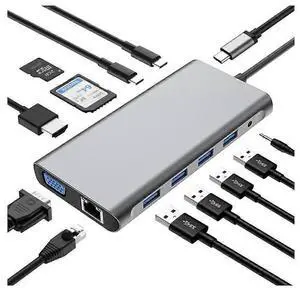 Ecocleanpath 12-in-1 USB C Docking Station with 4K HDMI, 100W PD, Ethernet, SD/TF Card Reader
