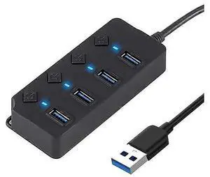 Ecocleanpath 4-Port USB 3.0 Hub with Individual Power Switches & LEDs, High-Speed 5Gbps Data Splitter, Plug & Play, Black