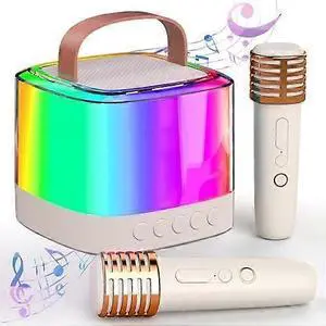 Ecocleanpath Beige Mini Karaoke Machine with 2 Wireless Mics, Portable Bluetooth Speaker for Kids & Adults, 12H Battery