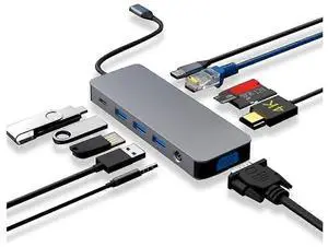 Ecocleanpath 11-in-1 USB-C Docking Station with 4K HDMI, 100W PD, Gigabit Ethernet, 3 USB 3.0 Ports - Gray