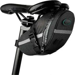 Ecocleanpath Black Bike Saddle Bag, 1.7L Water-Resistant Seat Storage with Reflective Strip for Mountain/Road Bikes