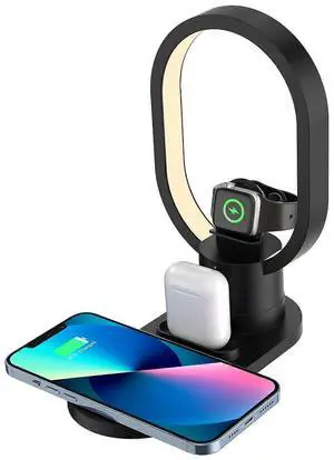 Ecocleanpath 4-in-1 Magnetic Bedside LED Night Light with 15W Fast Charger & Phone Holder, Black - Space-Saving Table Lamp