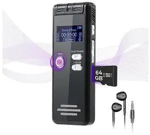 Ecocleanpath 64GB Digital Voice Recorder with Noise Reduction & Playback, 3072Kbps HD Dual MIC, One-Touch Recording (Black)