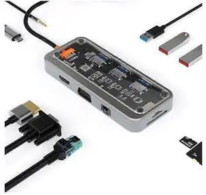 Ecocleanpath 10-in-1 USB C Docking Station with 4K HDMI, VGA, PD Charging, Ethernet & Audio - Black