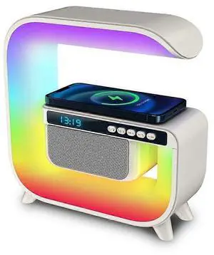 Ecocleanpath Smart LED Table Lamp with Wireless Charger, Wake-up Light, Bluetooth Speaker & Time Display - White