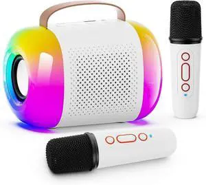 Ecocleanpath Portable Karaoke Machine with 2 Wireless Mics, LED Lights & Bluetooth 5.3 Speaker - White