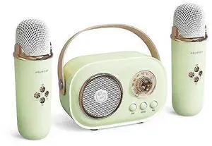 Ecocleanpath Kids Mini Karaoke Machine with 2 Wireless Mics, Portable Bluetooth Speaker, 6 Voice Effects, Retro Green Toy Gift