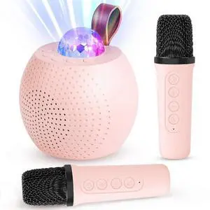 Ecocleanpath Pink Mini Karaoke Machine with 2 Wireless Mics, Bluetooth Speaker & Disco Lights for Kids & Adults