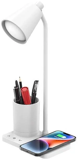 Ecocleanpath 15W Fast Wireless Charging LED Desk Lamp, 4 Brightness Eye-Caring Table Lamp with Pen Holder (White)