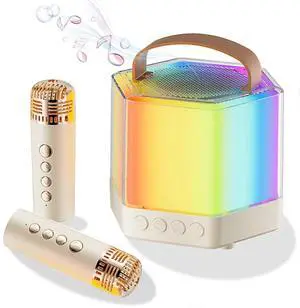 Ecocleanpath Portable Karaoke Machine with 2 Wireless Mics & LED Lights - Bluetooth Speaker for Kids & Adults (White)