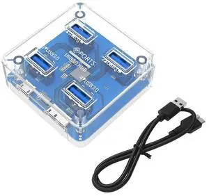 Ecocleanpath Transparent Blue USB C Hub 4-Port with Power Supply, 5Gbps High-Speed OTG Adapter