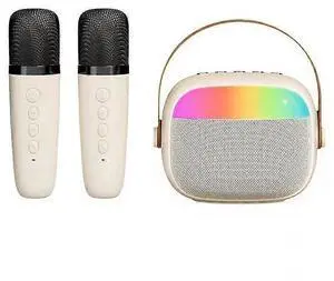 Ecocleanpath Mini Karaoke Machine with 2 Wireless Mics & LED Lights, Bluetooth Speaker for Kids Adults (White)