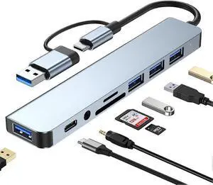 Ecocleanpath 8-in-1 Aluminum USB C Hub with 3 USB Ports, Card Reader & Audio Jack (Silver)