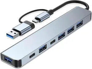 Ecocleanpath 7-in-1 Aluminum USB C Hub with USB 3.0 Ports, Dual Plug for MacBook/PC/Laptops (Silver)