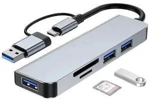 Ecocleanpath Silver 5-in-1 USB-C Hub with Card Reader & 3 USB 3.0 Ports for PC, Laptop, Tablet