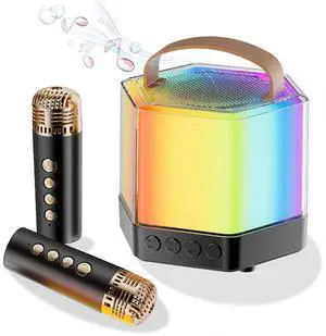 Ecocleanpath Black Mini Karaoke Machine with 2 Wireless Mics & LED Lights, Portable Bluetooth Speaker for Parties