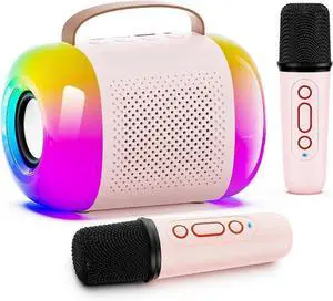 Ecocleanpath Kids Karaoke Machine with 2 Wireless Mics, Bluetooth Speaker & LED Lights - Pink Portable Singing Toy for Ages 3-11+
