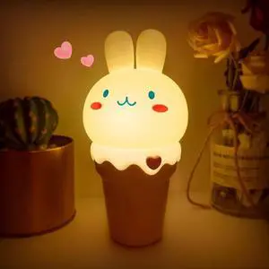Ecocleanpath Bunny Ice Cream Night Light, 7-Color Pat Control Rechargeable Desk Lamp, White Kawaii Decor