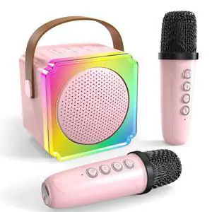 Ecocleanpath Pink Kids Karaoke Machine with 2 Wireless Mics, Portable Bluetooth Speaker & Music Lights for Home Parties