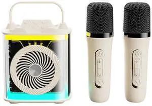 Ecocleanpath Beige Mini Karaoke Machine with 2 Wireless Mics, Portable Bluetooth Speaker & LED Lights for Kids & Adults