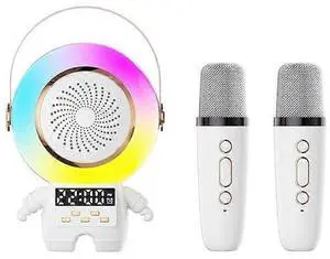 Ecocleanpath Kids Karaoke Machine with Wireless Mics, Bluetooth Speaker & LED Clock Light - Portable Gift for Toddlers (White)