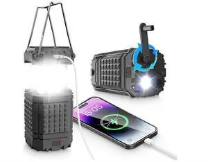 Ecocleanpath 5000mAh Solar Camping Lantern with Hand Crank & USB Charging, Portable Telescopic LED Flashlight (Black)