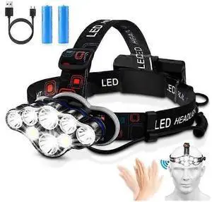 Ecocleanpath 18000 Lumen Rechargeable Headlamp, 8-LED Waterproof Headlight with Motion Sensor for Camping & Hiking (Black)