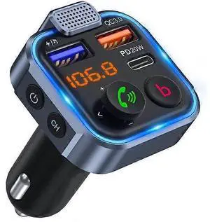 Ecocleanpath Latest Bluetooth 5.0 Car FM Transmitter with 20W PD/QC Fast Charger, 3-Port Hub & Noise Cancelling (Black)